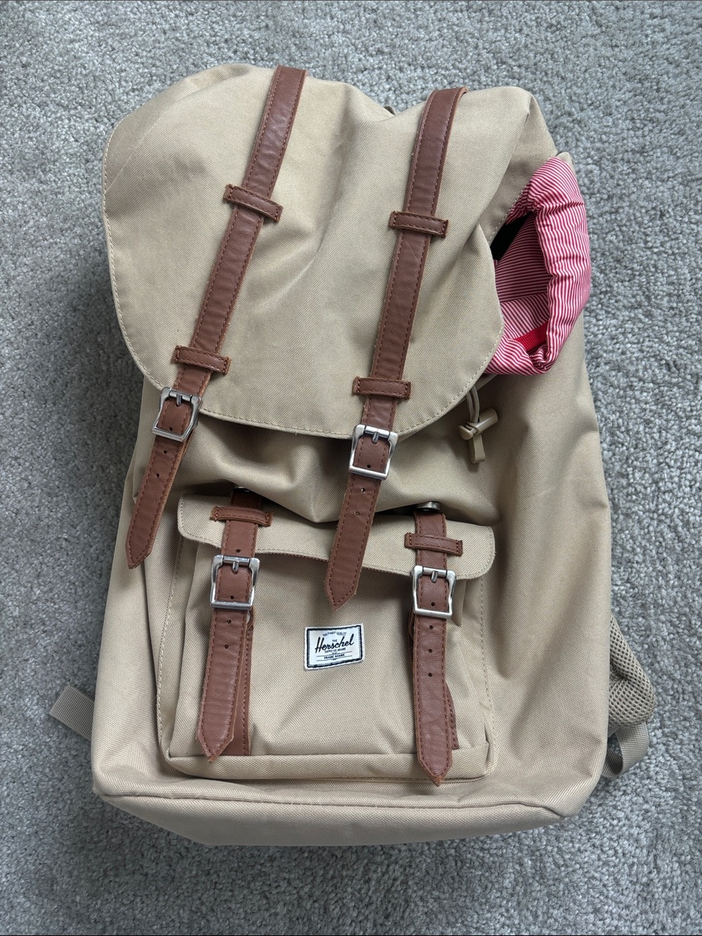Herschel Supply Company Khaki Backpack with Brown Trim and Red Lining